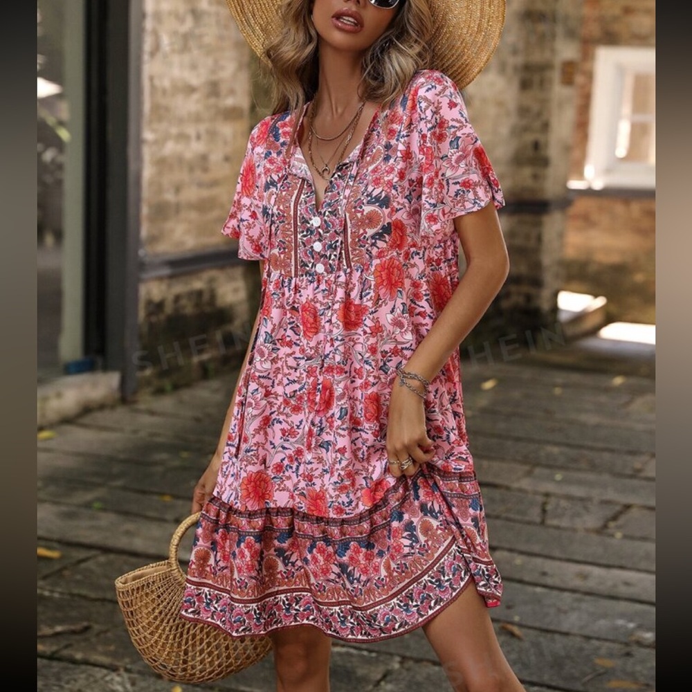 SHEIN VCAY Casual  Colorful Tie Strap Babydoll Dress For Holiday And Vacation - Picture 2 of 7
